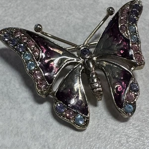 Vintage LC Liz Claiborne goldfarbene glitzernde Kristall lila Schmetterling Brosche Anstecknadel - Bild 1 von 6