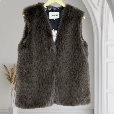 Jason Wu NUEVO Chaleco Gris Oscuro Imitación Piel Talla M Floral Forrado Bolsillos Gancho Peluquero $148 Foto 1 de 4