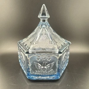 Vintage Indiana Blue Glass Candy Dish Tiara Colonial Eagle Star Hexagon Lid - Picture 1 of 7