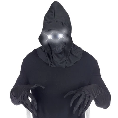 Schwarze Kapuzenmaske Gevatter Tod Grüne LED-Leuchtaugen Halloween Todesengel - Bild 1 von 3