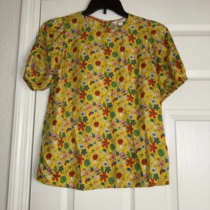 boden tops women Large Yellow Retro Flowers Puff Sleeves - Picture 1 of 6