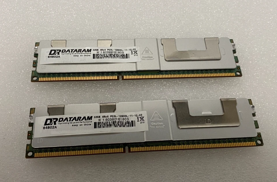 Lot of 2x DATARAM DR 64802A 32GB 4Rx4 PC3L-12800L DDR3 Memory - Image 1 of 1