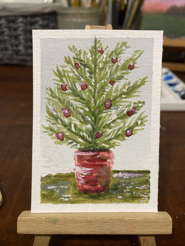 ACEO Original Acuarela 2.5”x 3.5” Pintura “Pino de Navidad” Pamela Larga Foto 1 de 1