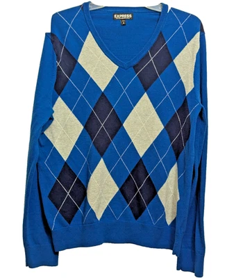 EXPRESS Men’s Med Merino Wool Cotton Sweater Pullover Argyle Grandpacore Preppy - Image 1 of 4