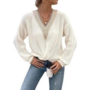 Women's Casual Long Sleeve Drop Shoulder Lace V Neck Knit Sweater Small - Picture 1 of 8