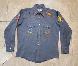 Camisa vaquera occidental vintage Bronco bordada a mano perla a presión grande para hombre - Imagen 1 de 20