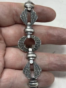 "Pulsera geométrica de plata de ley estilo Art Deco marcasitas de 7,5"" de largo" - Imagen 1 de 9