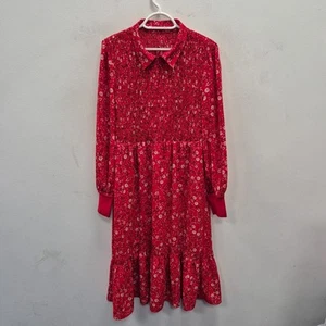 ME+EM Red Ruffle Intricate Floral Fit Flare Long Sleeve Midi Dress Size Uk 12 - Picture 1 of 9