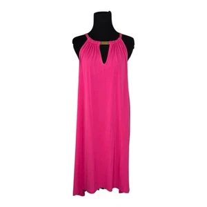 Michael Kors Women Midi Dress Fuscia Halter Neck Asym Hem Gold Trim Sz Med NWT - Picture 1 of 8
