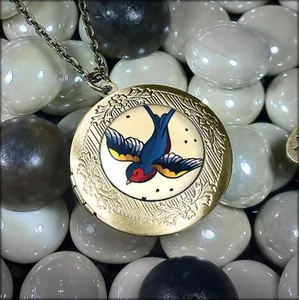 Tattoo Flash Traditional Swallow Sparrow Bird Bronze Locket Pendant Necklace - Picture 1 of 4