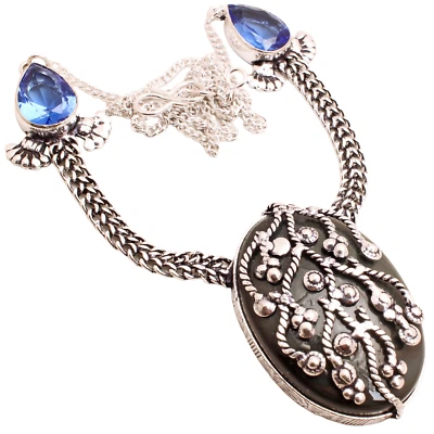 Onice Nera Gemma Placcato Argento Handmade Gioielli Collana Regalo 24 G N-1580 - Immagine 1 di 3