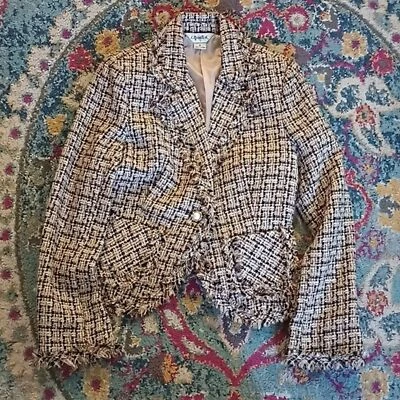 Batom Vintage Marrom Tweed Franja Pérola Botão Blazer P - Imagem 1 de 4