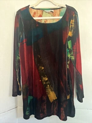 "Túnica de terciopelo de felpa CHICO'S 3 L parte superior elástica aberturas laterales abstractas oscuras 44"" pecho" Foto 1 de 3