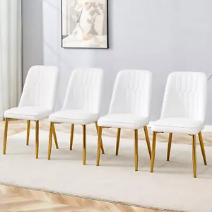 4Set White PU Leather Dining Chairs with Armless Kitchen Chairs Gold Metal Legs - Picture 1 of 14