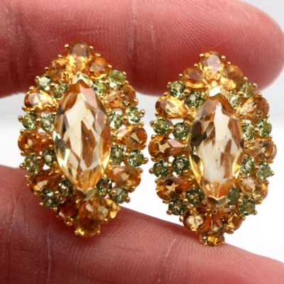 Edelstein 8 X 16 MM. Goldgelbe Citrin-Und Peridot-Ohrringe 925 Sterlingsilber - Bild 1 von 4