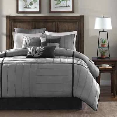 BEAUTIFUL SOFT 7pc MODERN CASUAL CHIC GREY BLACK WHITE STRIPE COMFORTER SET NEW! - Image 1 of 2