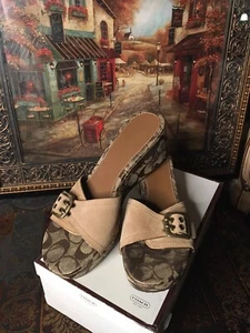 COACH SIGNATURE WOMENS 8 M BROWN/KHAKI PATENT PLATFORM WEDGE, SANDALS, SHOES NEW - Picture 1 of 9