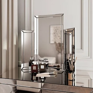 Tri Fold Desktop Vanity Mirror Bevelled Glass Design Makeup Dressing Silver - Picture 1 of 4