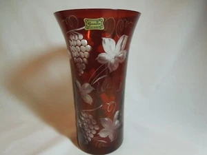 Egermann Bohemian 8 inch Ruby To Clear Glass Vase With Grapes and Vines - Picture 1 of 7