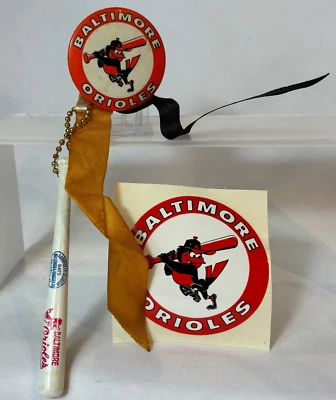 1960's Baltimore Orioles Keychain Button Pin Mini Bat & Sticker MD Baseball - Image 1 of 4