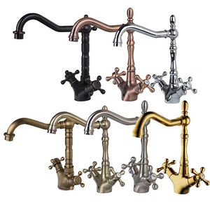 Swivel Spout Bathroom Basin Sink Mixer Faucet 2 Cross Handles Single Hole Taps - Picture 1 of 54