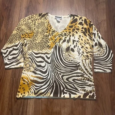 Blusa Leslie Fay Mujer Estampado Cebra Cuello en V Algodón Pullover Camisa Marrón Talla Grande Foto 1 de 4