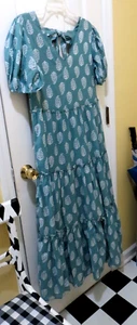 Lucky Brand NWT teal print tiered maxi cotton blend dress, cottage core, XS - Picture 1 of 15