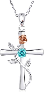 Rose Flower Cross Necklace for Women 925 Sterling Silver Blue CZ Pendant Gifts - Picture 1 of 6