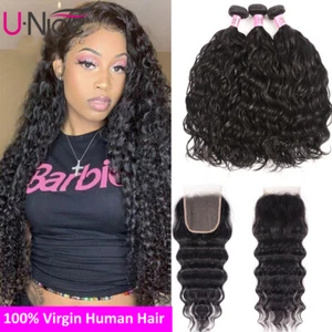 Extensión de cabello humano onda de agua malasia UNICE HAIR 3 paquetes con cierre de encaje - Imagen 1 de 12