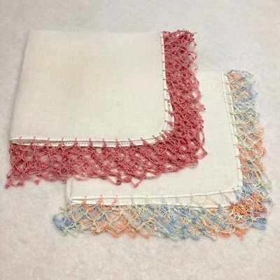 Lote de 2 pañuelos vintage blancos lino algodón ganchillo a mano encaje tejido Foto 1 de 4
