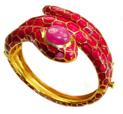925 Sterling Silver Ruby Snake Bracelet 18K Gold Over 8.2ct Red Gem 60.2g - Image 1 of 4