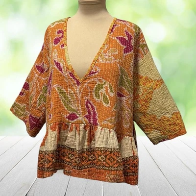 Top KANTHA BAE para mujer talla única naranja artesanal puntada a mano Sashiko Peplum Boho Foto 1 de 4