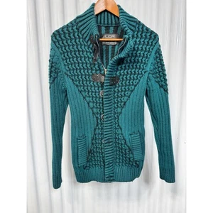 LCR Black Edition Mens Medium Chunky Knit Cardigan Sweater In Vibrant Teal - Picture 1 of 6