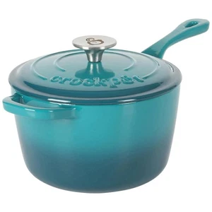 Crock-Pot Artisan 3 Quart Enameled Cast Iron Saucepan with Lid Teal and Silver - Picture 1 of 2