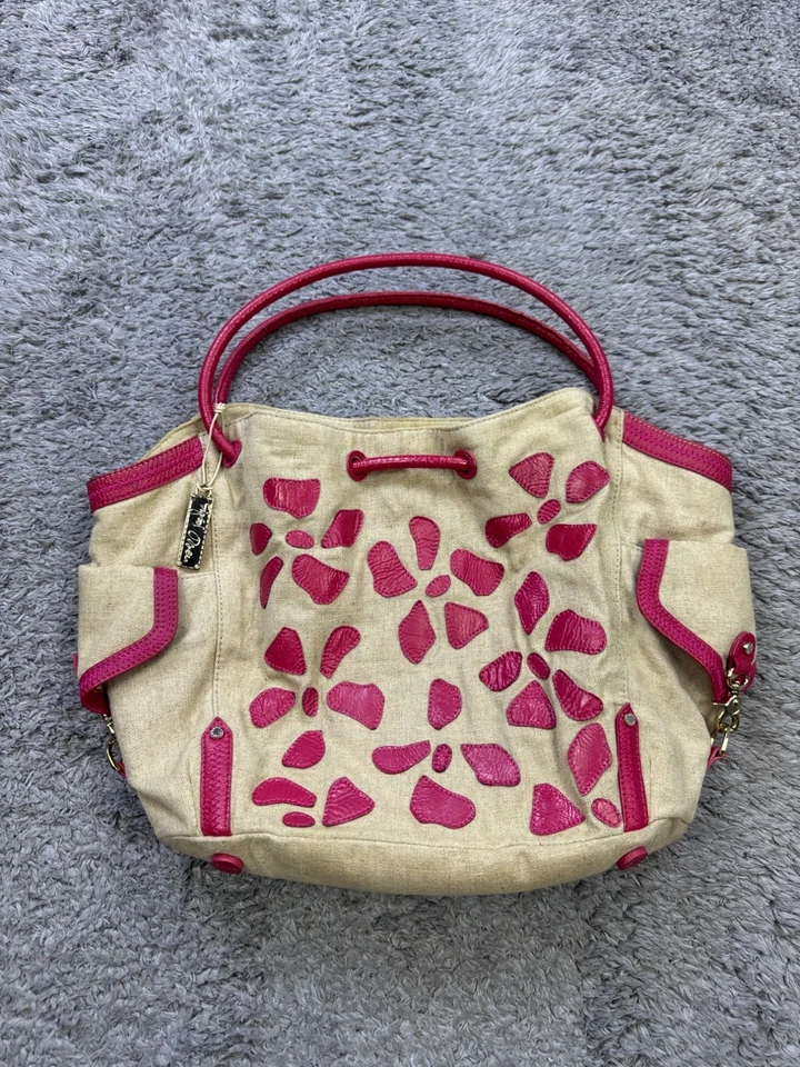 Sigrid Olsen Handbag Fuchsia Leather Strap Canvas Messenger Satchel Tote Purse - Image 1 of 4