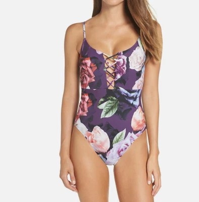 La Blanca Lace Up Floral One Piece Swimsuit Women's Sz 14W - Image 1 of 4