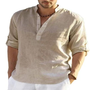 2025 Blusa Informal Suelta Algodón Lino Hombres Camisa Moda Cuello Soporte Manga Larga - Imagen 1 de 20