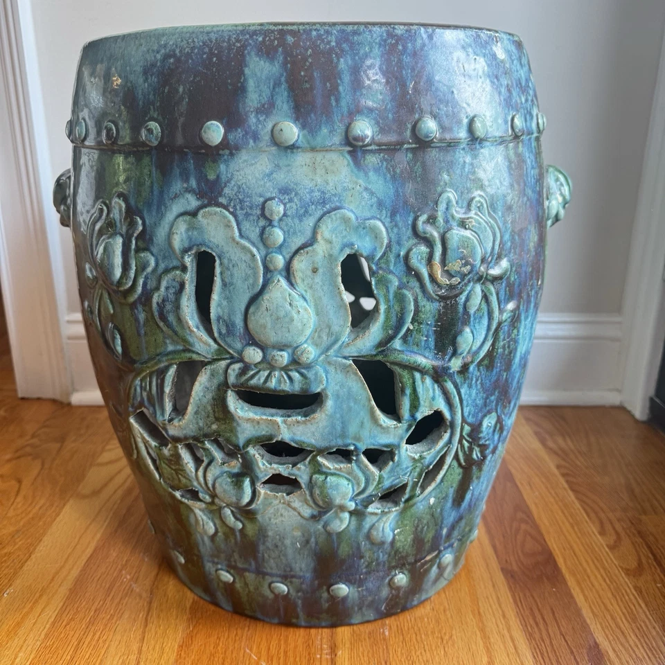 Taburete de jardín de cerámica patrón de loto redondo esmalte turquesa verde de colección PESADO Foto 1 de 4