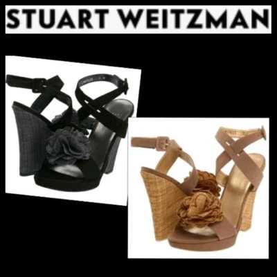 $385 Stuart Weitzman Negro Tostado Roseta Alpargata Cuña Sandalias Zapatos ~10 M3020 Foto 1 de 4