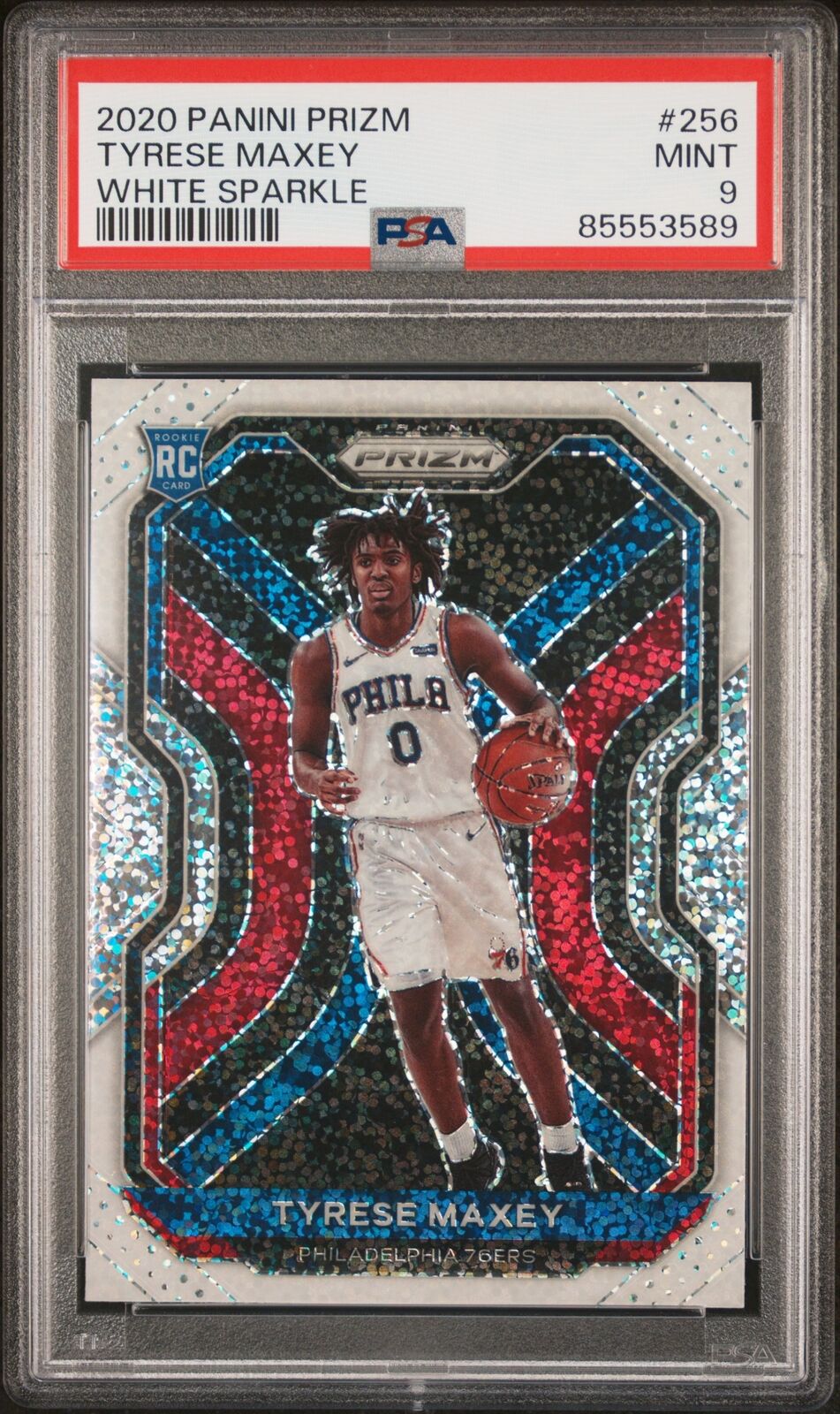 2020 Panini Prizm WHITE SPARKLE Tyrese Maxey RC ROOKIE #256 PSA 9