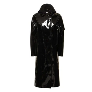 Puritues Black PVC Glossy Trench Coat with Shearling Collar Long Raincoat Style - Picture 1 of 3