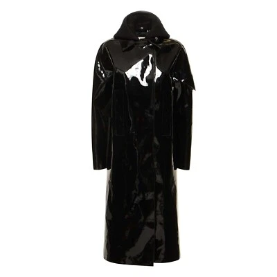 Puritues Black PVC Glossy Trench Coat with Shearling Collar Long Raincoat Style - Image 1 of 3