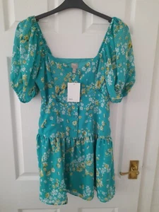 Asos Off The Shoulder Green Floral Print Short Sleeve (Bardot)Top Size 10 - Picture 1 of 6