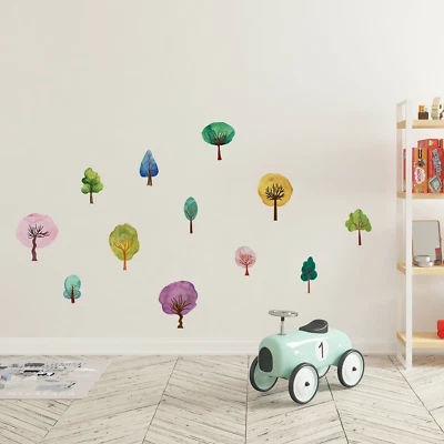 Forest Wall Stickers Fabric Watercolour Tree Colourful Kids Room Nursery Decor - Image 1 of 4