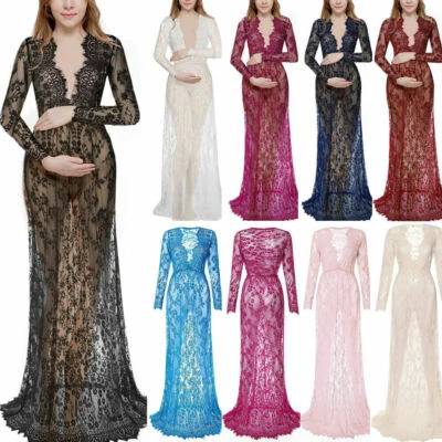 Maternity Maxi Gown Pregnant Womens Lace Dress Photography Photo Props Clothes - Image 1 of 4