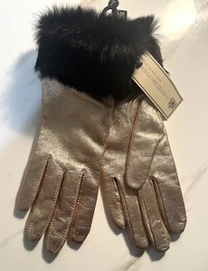 LORD & TAYLOR Fownes Brothers Metallic ROSE GOLD Real Rabbit Fur Cuffs 7 - Picture 1 of 14