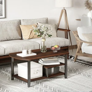 Vintage Rectangular Sofa Sitting Room Table with 3 Shelf Storage, Wood Grain - Picture 1 of 11
