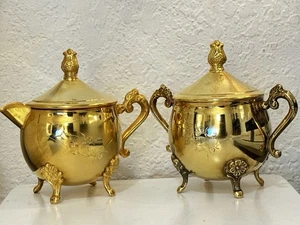 Etched Brass Sugar Bowl & Creamer Set High Gloss Polished 4-1/2” Tall - Picture 1 of 24