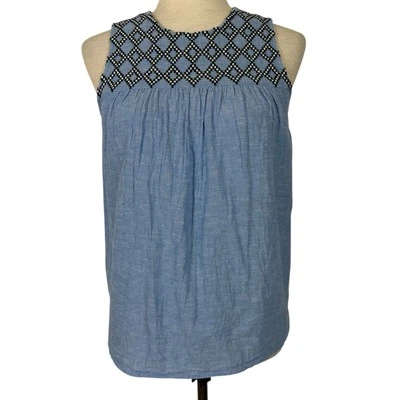 Blusa feminina J Crew linho algodão tamanho 4 bordada cambraia sem mangas preppy boho - Imagem 1 de 4