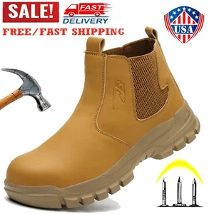 Mens Leather Safety Boots High Top Steel Toe Work Boots Pull On Waterproof Shoes - Picture 1 of 40